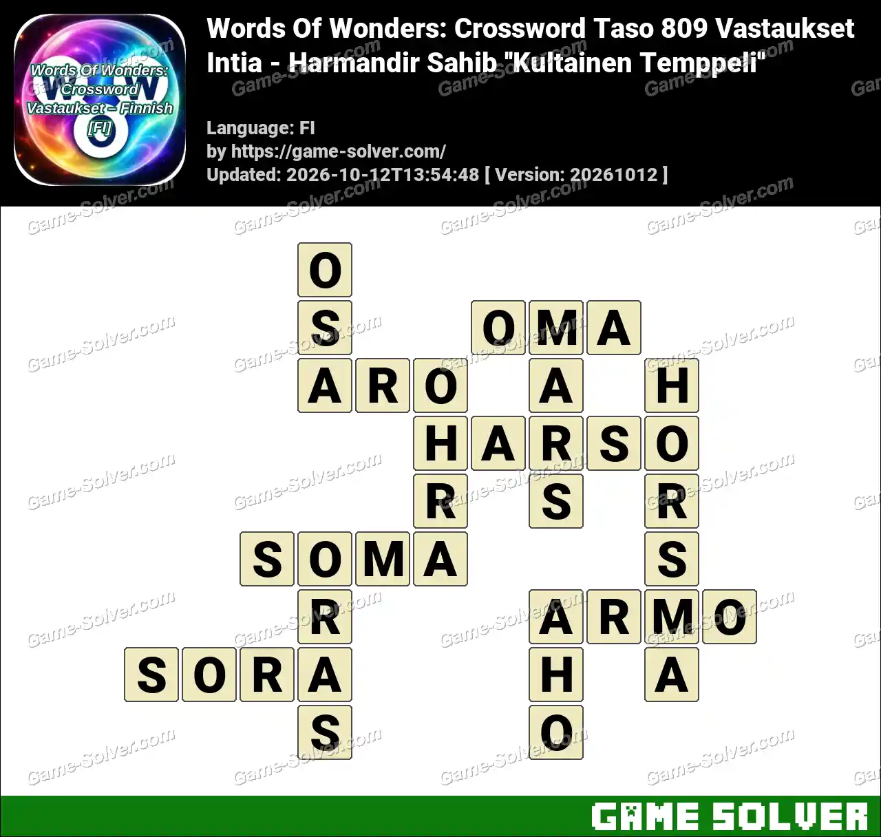 Words Of Wonders: Crossword Taso 809 Vastaukset – Intia – Harmandir Sahib ”Kultainen Temppeli”